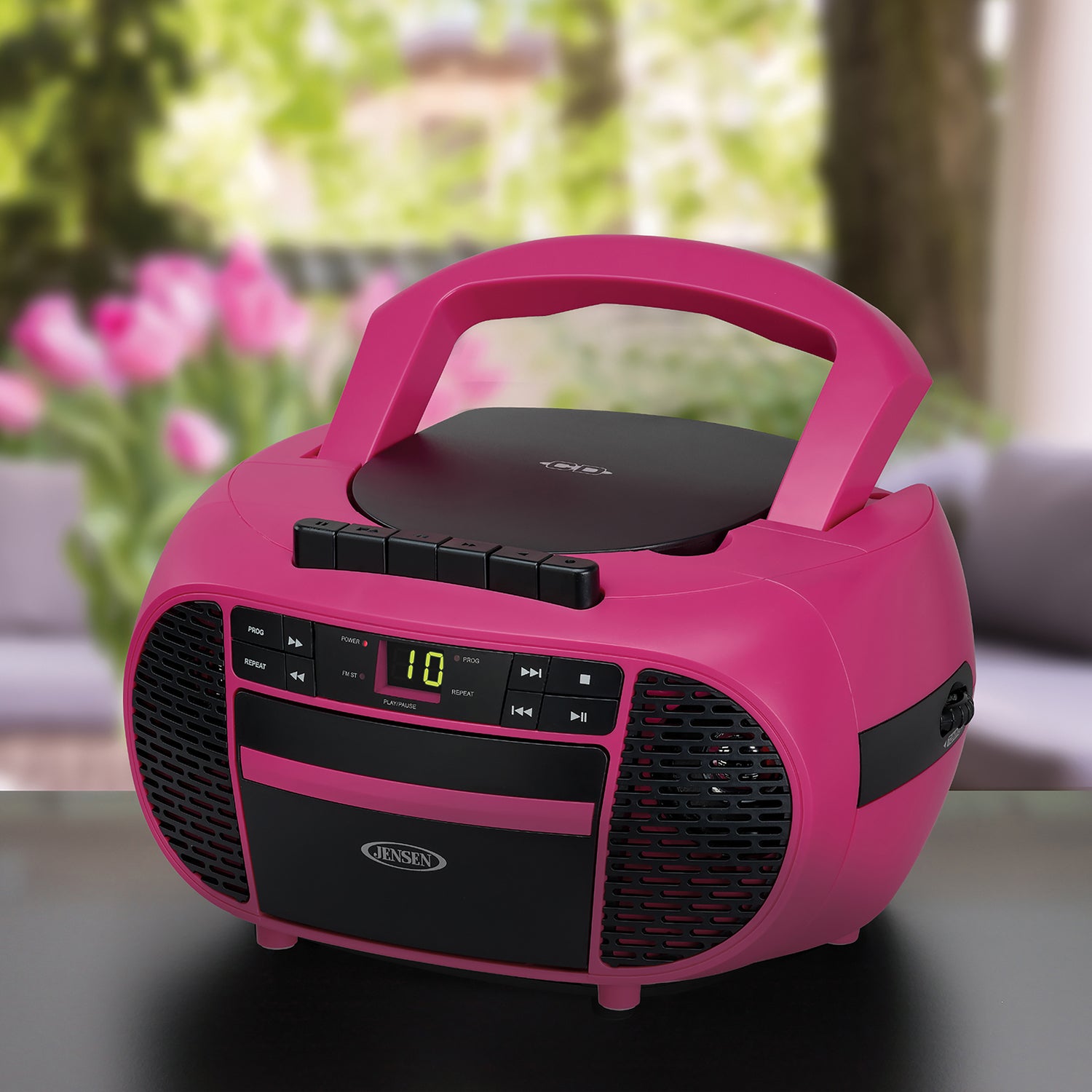 Jensen Portable CD Music System with Cassette Player/Recorder and AM/FM Stereo Radio, CD-550, Magenta/Black