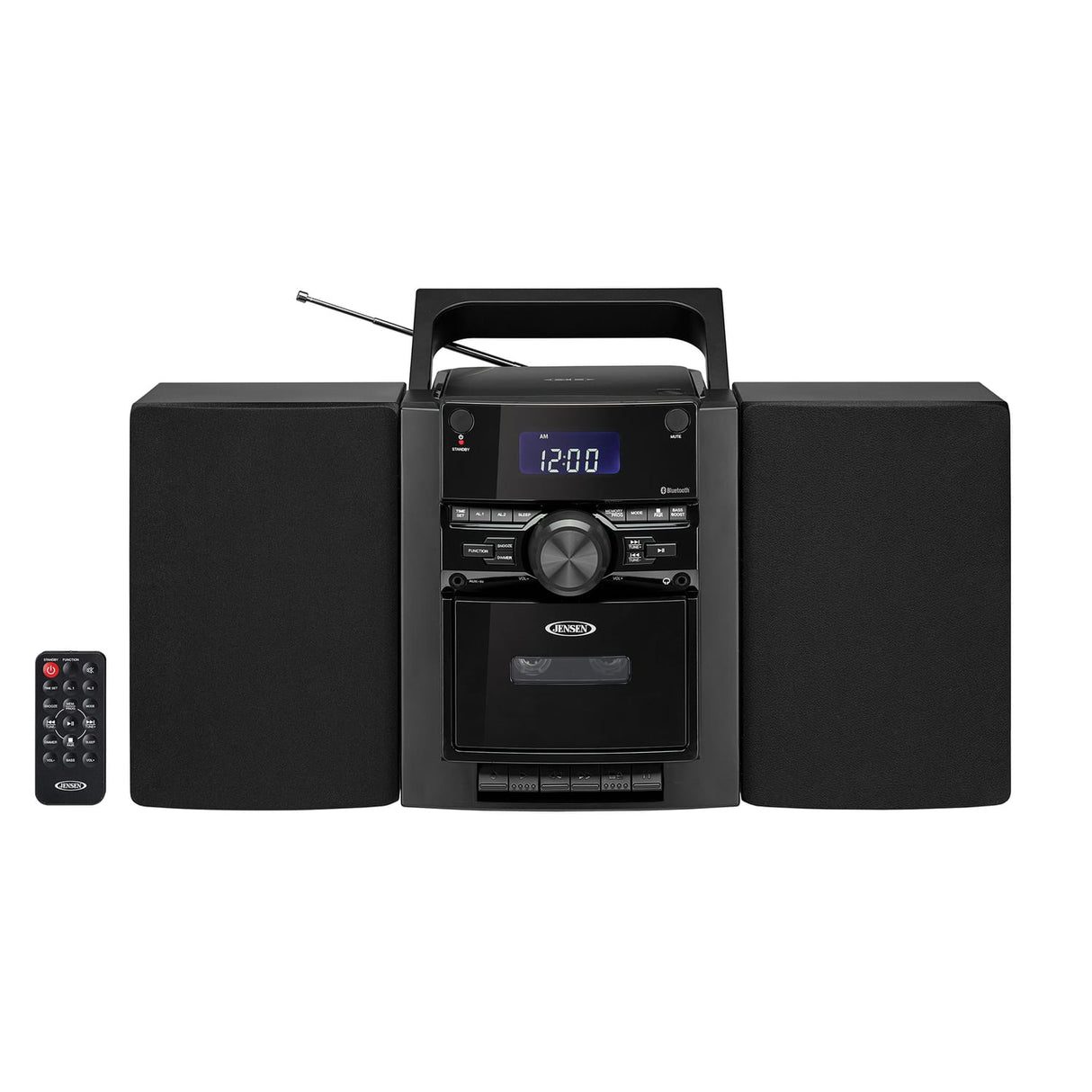 Jensen 10-Watt Portable Bluetooth Home Stereo System with Detachable Speakers, CD/Cassette Players, AM/FM Radio, Alarm Clock, and Remote, CD-785