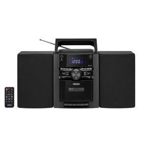 Jensen 10-Watt Portable Bluetooth Home Stereo System with Detachable Speakers, CD/Cassette Players, AM/FM Radio, Alarm Clock, and Remote, CD-785