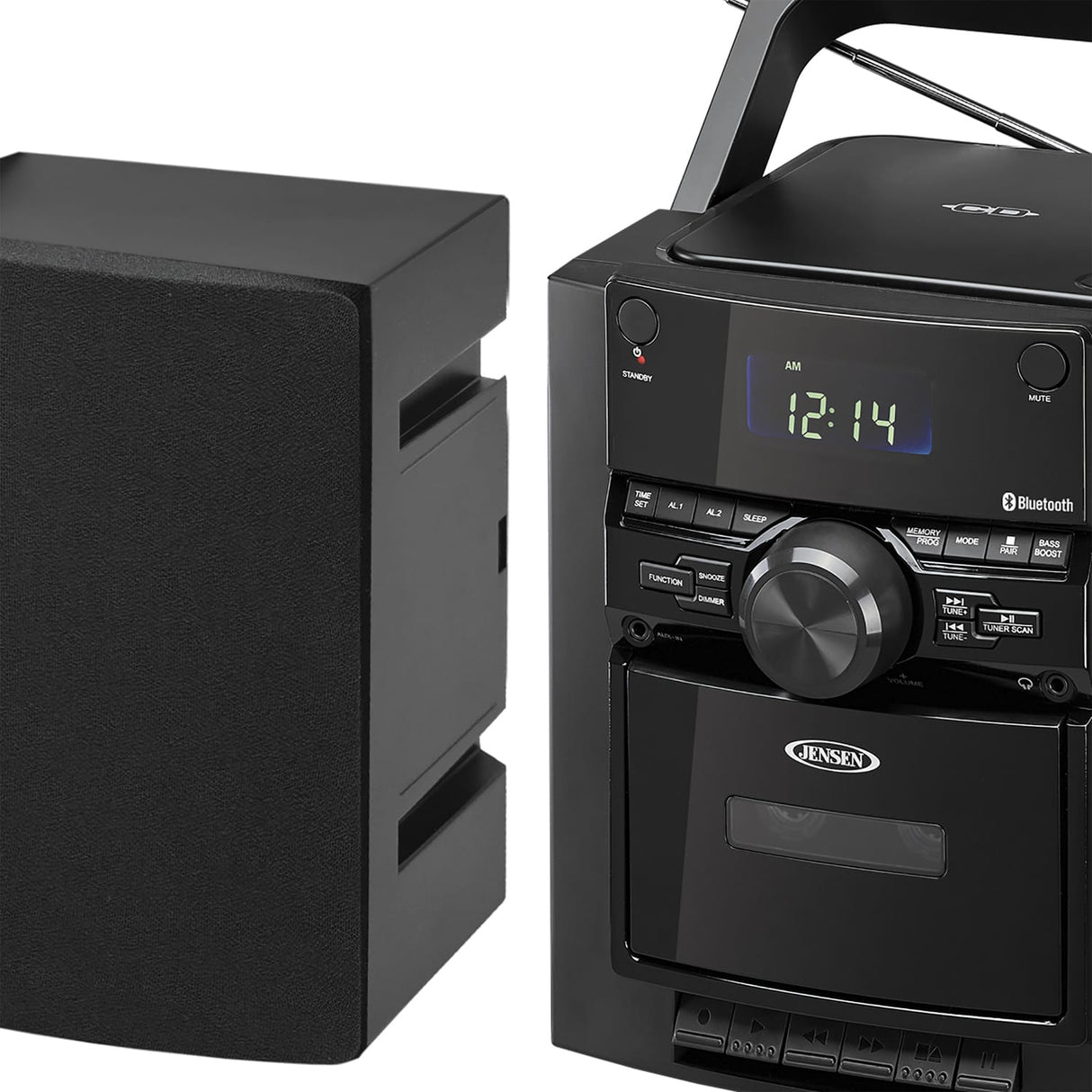 Jensen 10-Watt Portable Bluetooth Home Stereo System with Detachable Speakers, CD/Cassette Players, AM/FM Radio, Alarm Clock, and Remote, CD-785