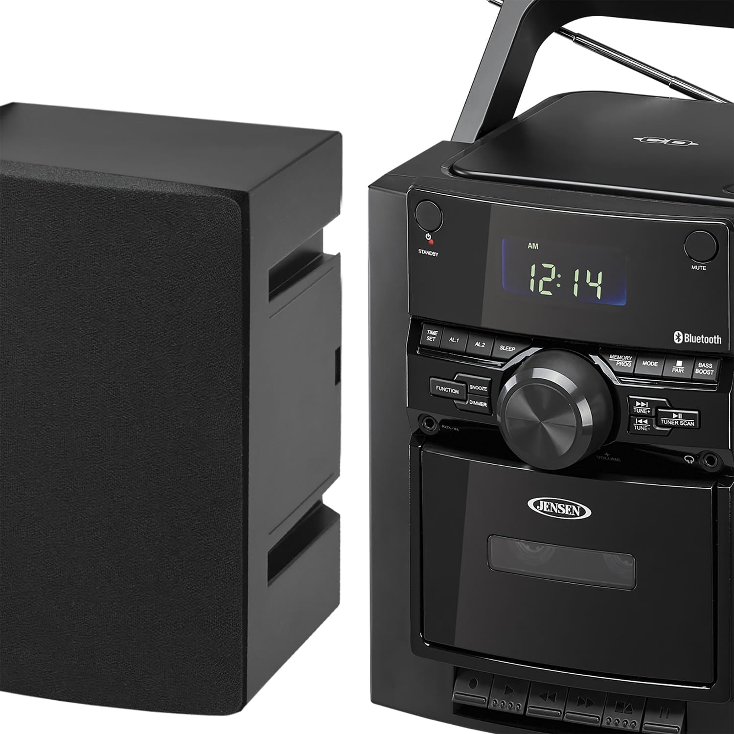 Jensen 10-Watt Portable Bluetooth Home Stereo System with Detachable Speakers, CD/Cassette Players, AM/FM Radio, Alarm Clock, and Remote, CD-785