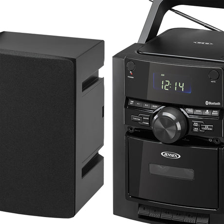 Jensen 10-Watt Portable Bluetooth Home Stereo System with Detachable Speakers, CD/Cassette Players, AM/FM Radio, Alarm Clock, and Remote, CD-785