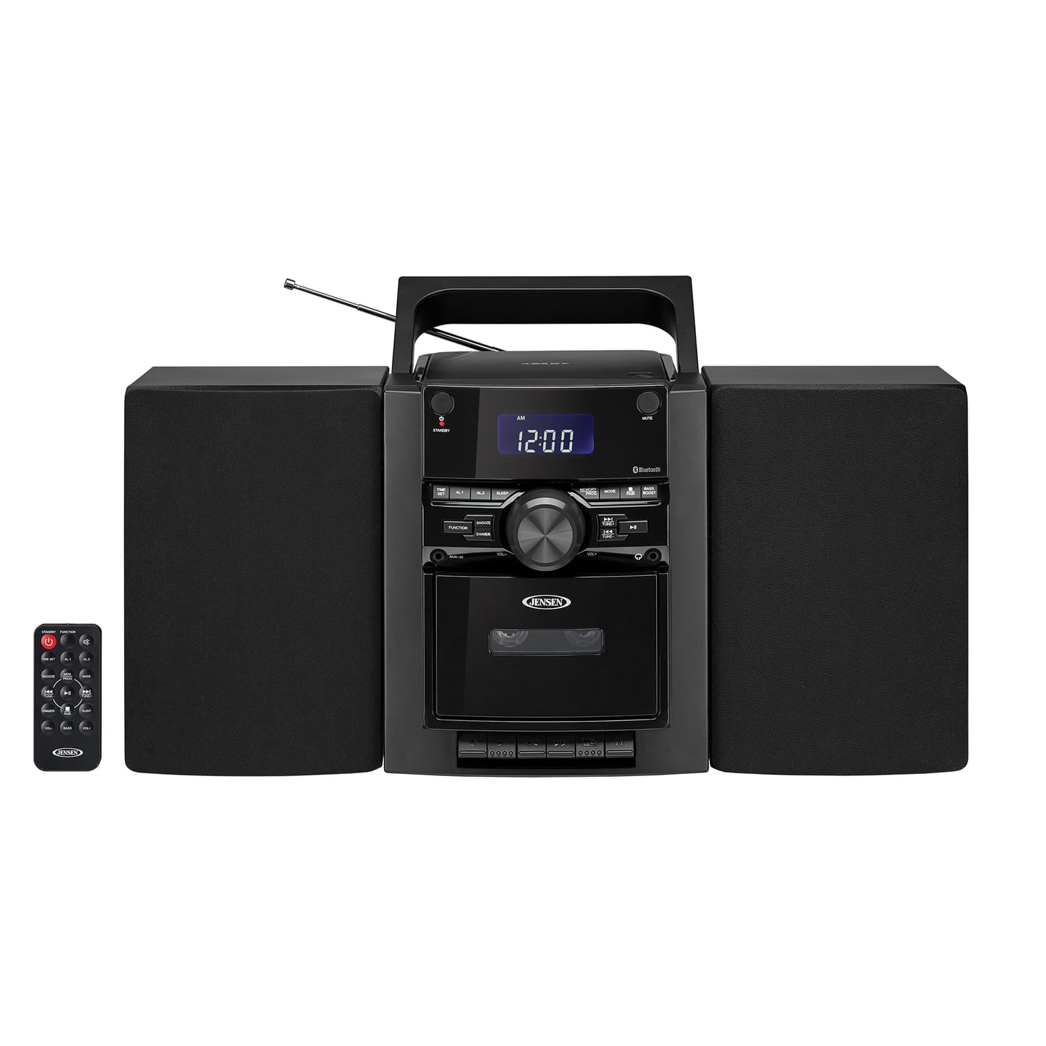 Jensen 10-Watt Portable Bluetooth Home Stereo System with Detachable Speakers, CD/Cassette Players, AM/FM Radio, Alarm Clock, and Remote, CD-785
