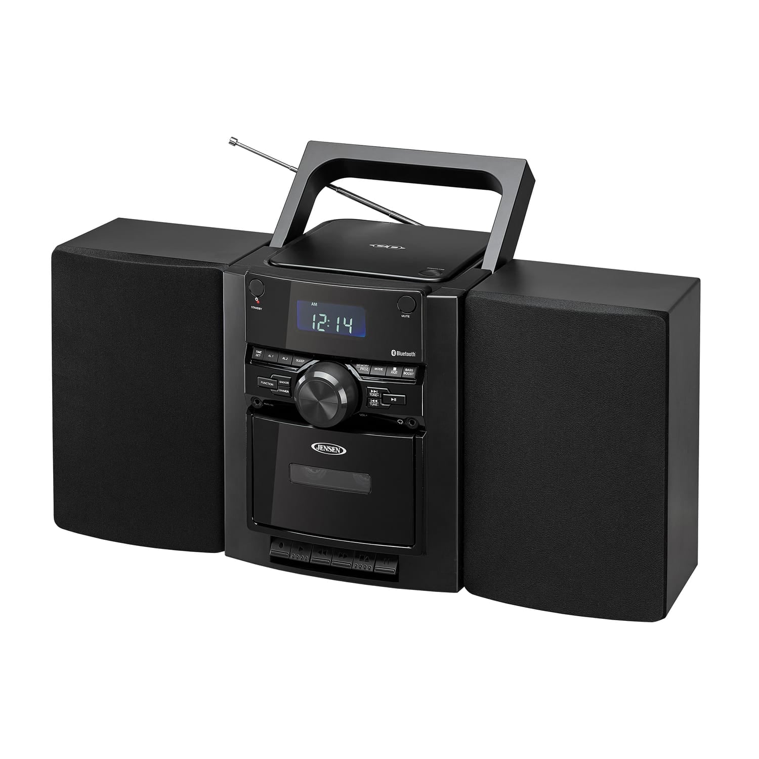 Jensen 10-Watt Portable Bluetooth Home Stereo System with Detachable Speakers, CD/Cassette Players, AM/FM Radio, Alarm Clock, and Remote, CD-785