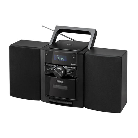 Jensen 10-Watt Portable Bluetooth Home Stereo System with Detachable Speakers, CD/Cassette Players, AM/FM Radio, Alarm Clock, and Remote, CD-785
