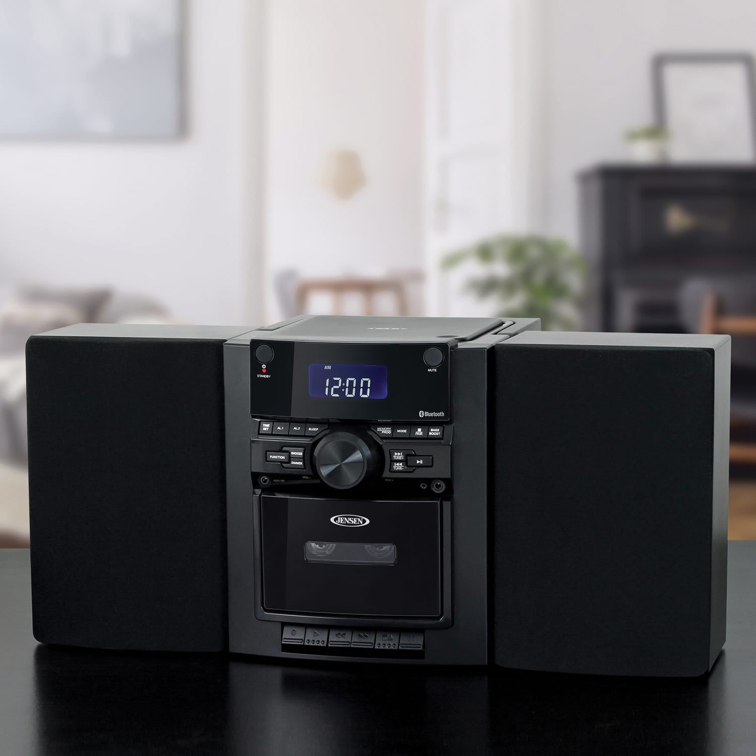 Jensen 10-Watt Portable Bluetooth Home Stereo System with Detachable Speakers, CD/Cassette Players, AM/FM Radio, Alarm Clock, and Remote, CD-785