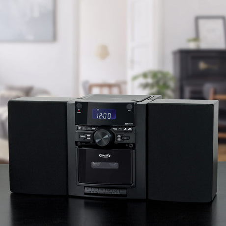 Jensen 10-Watt Portable Bluetooth Home Stereo System with Detachable Speakers, CD/Cassette Players, AM/FM Radio, Alarm Clock, and Remote, CD-785