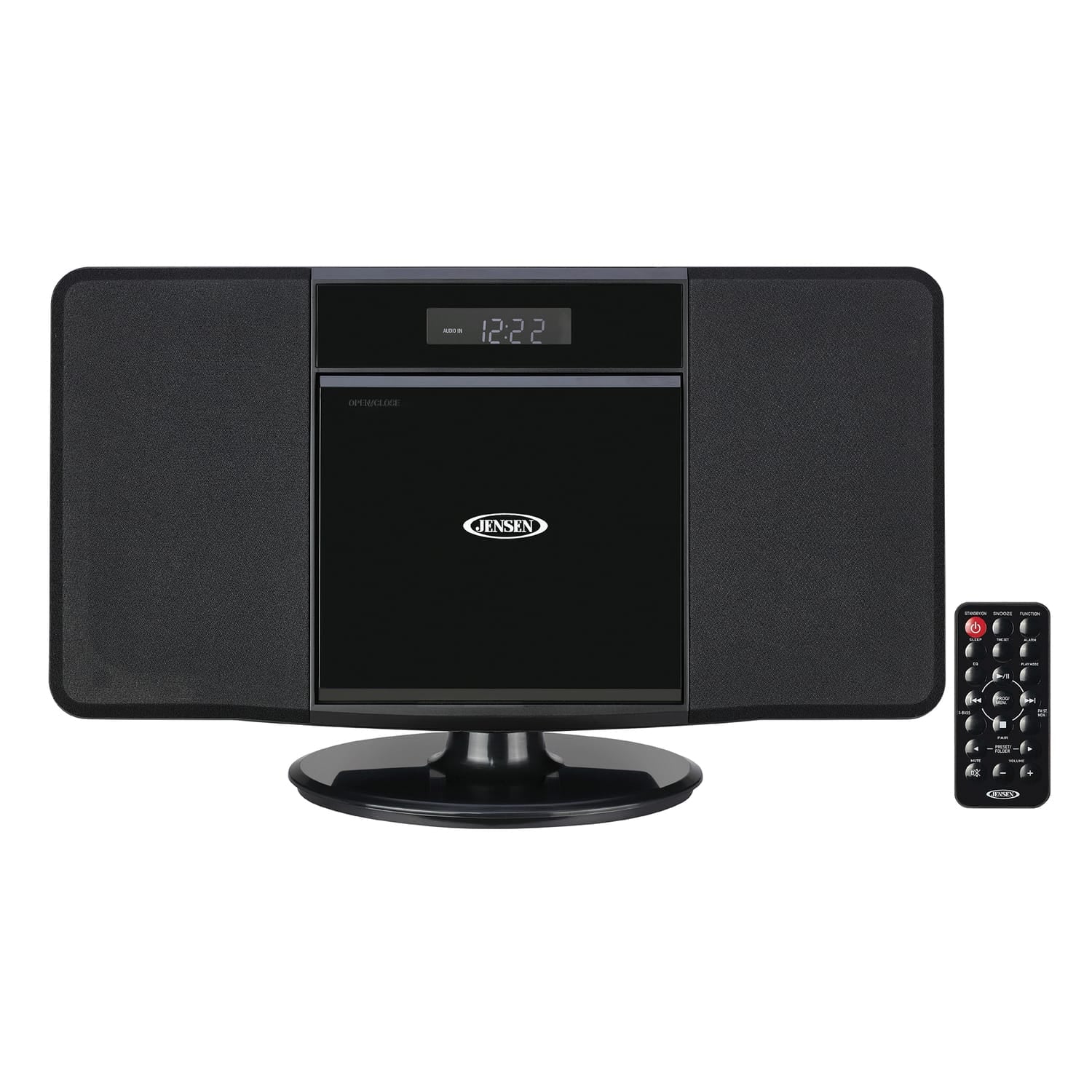 Jensen 10-Watt Wall-Mountable Bluetooth Home Stereo System with Built-in Speakers, CD Player, AM/FM Radio, Alarm, USB, Aux, and Remote