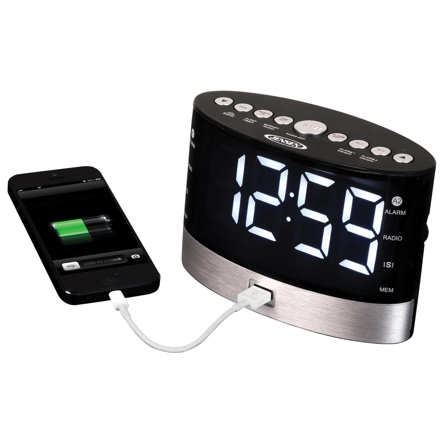 Jensen JCR-255 .6-Watt AM/FM Dual-Alarm Digital Clock Radio with Under-Pillow Vibrator