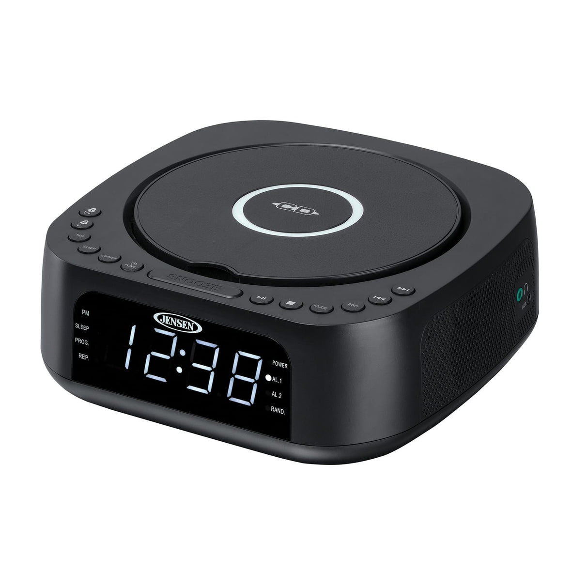 Jensen Stereo Digital Dual-Alarm Clock with Top-Loading CD Player, FM Tuner, USB Charging Port, and Battery Backup