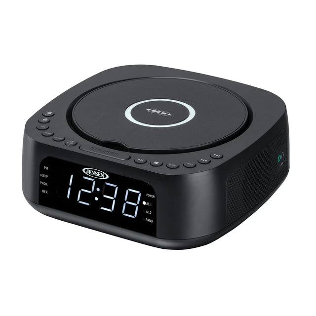 Jensen Stereo Digital Dual-Alarm Clock with Top-Loading CD Player, FM Tuner, USB Charging Port, and Battery Backup