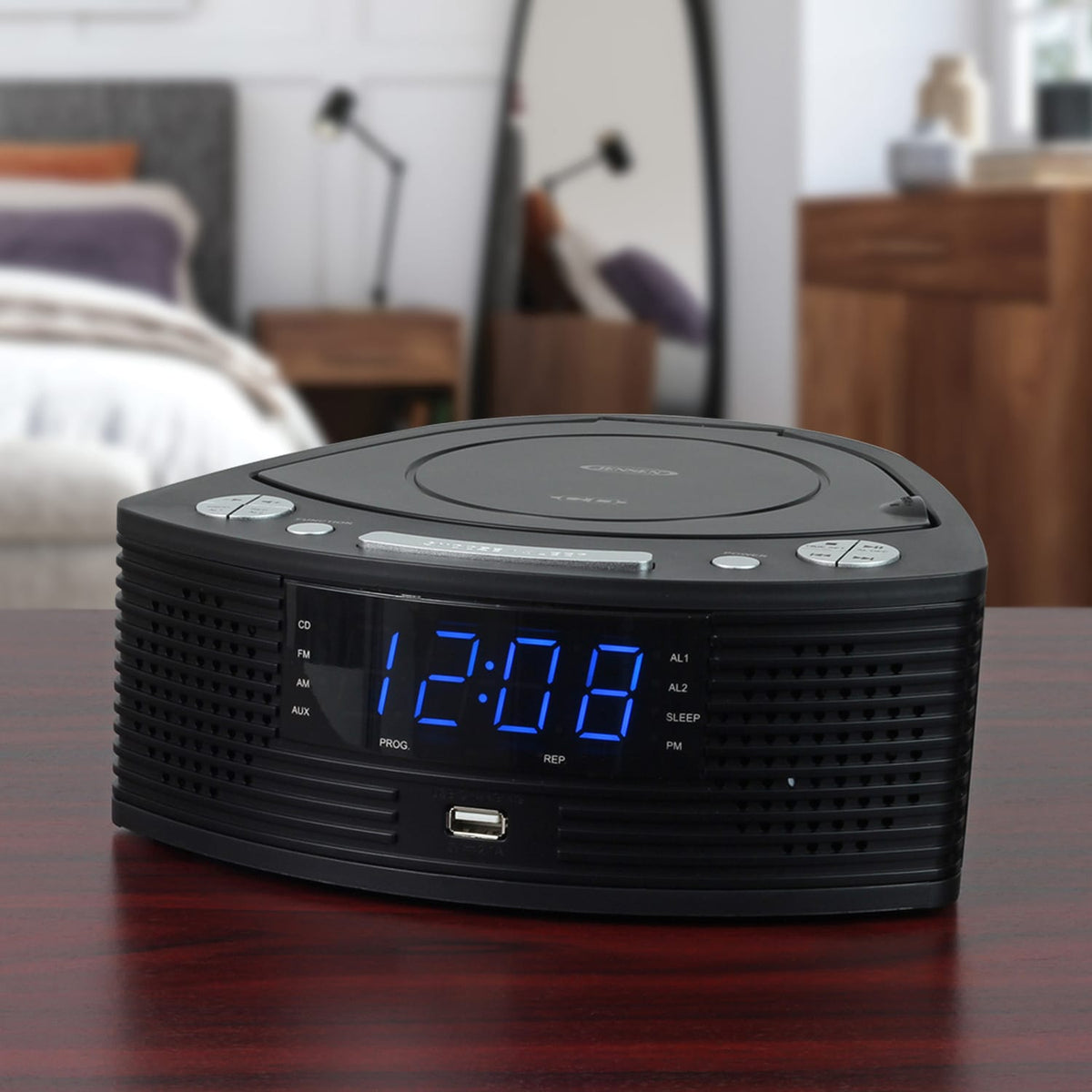 Jensen Dual-Alarm Clock Radio with AM/FM, Top-Loading CD Player, 0.9-In. Blue LED Display, Dimmer, Battery Backup, Sleep/Snooze, Aux Input