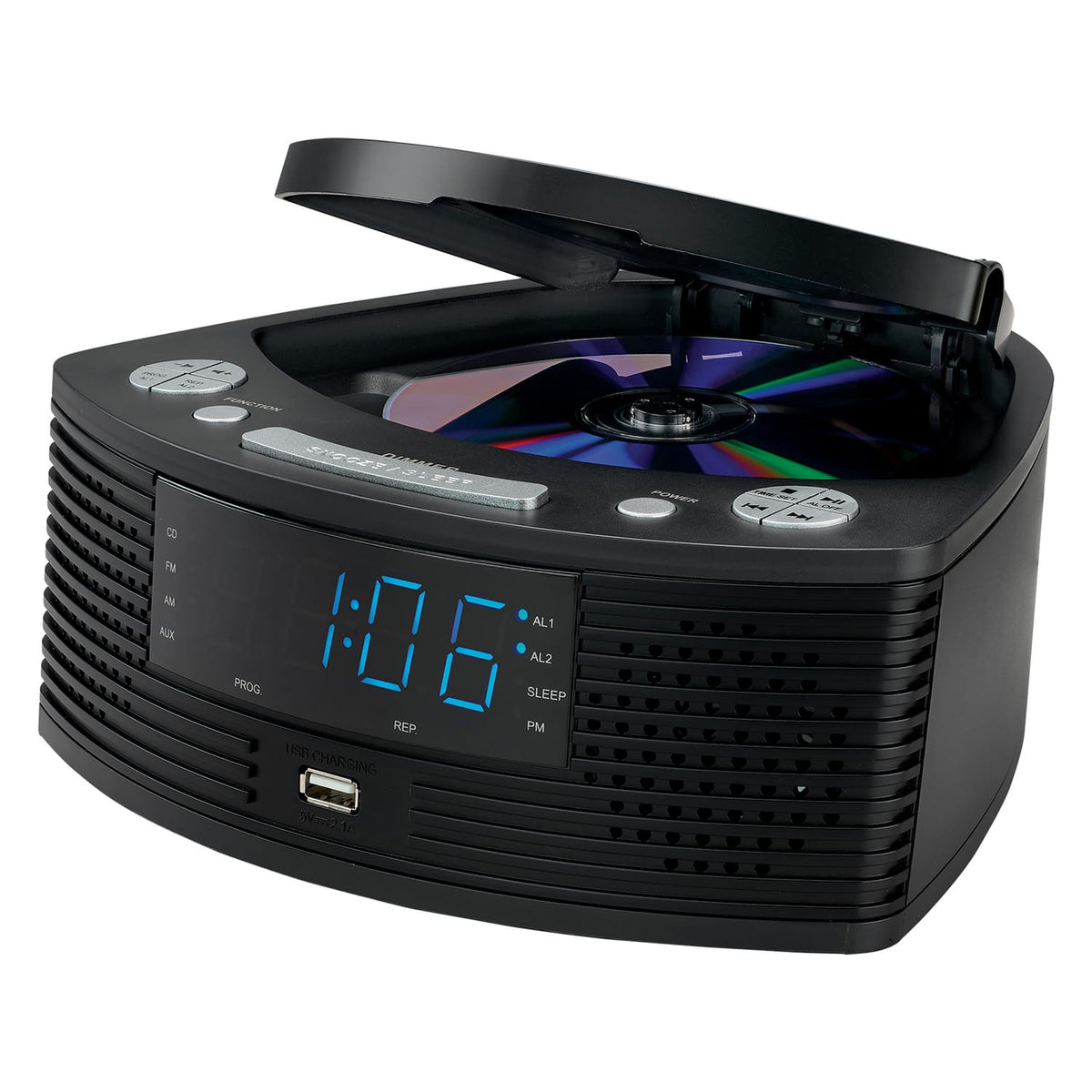 Jensen Dual-Alarm Clock Radio with AM/FM, Top-Loading CD Player, 0.9-In. Blue LED Display, Dimmer, Battery Backup, Sleep/Snooze, Aux Input