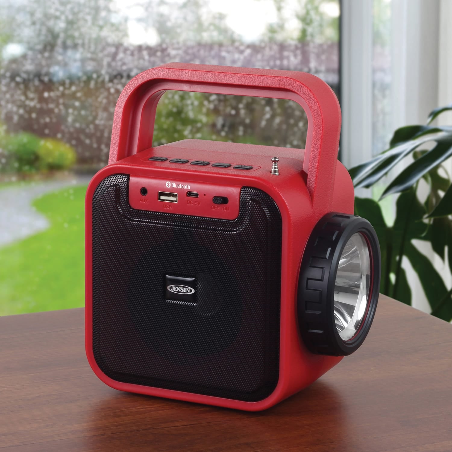 Jensen Portable Rechargeable Bluetooth Speaker with FM Radio, Flashlight, Solar Panel, and USB Port, Red, JEP-175