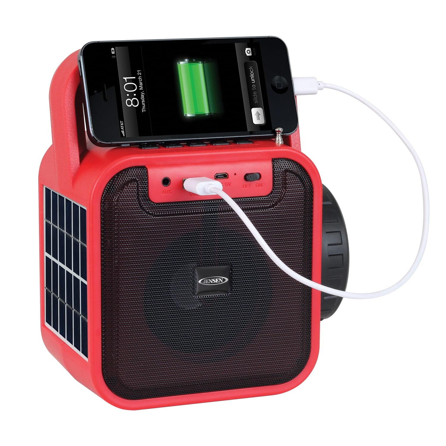 Jensen Portable Rechargeable Bluetooth Speaker with FM Radio, Flashlight, Solar Panel, and USB Port, Red, JEP-175