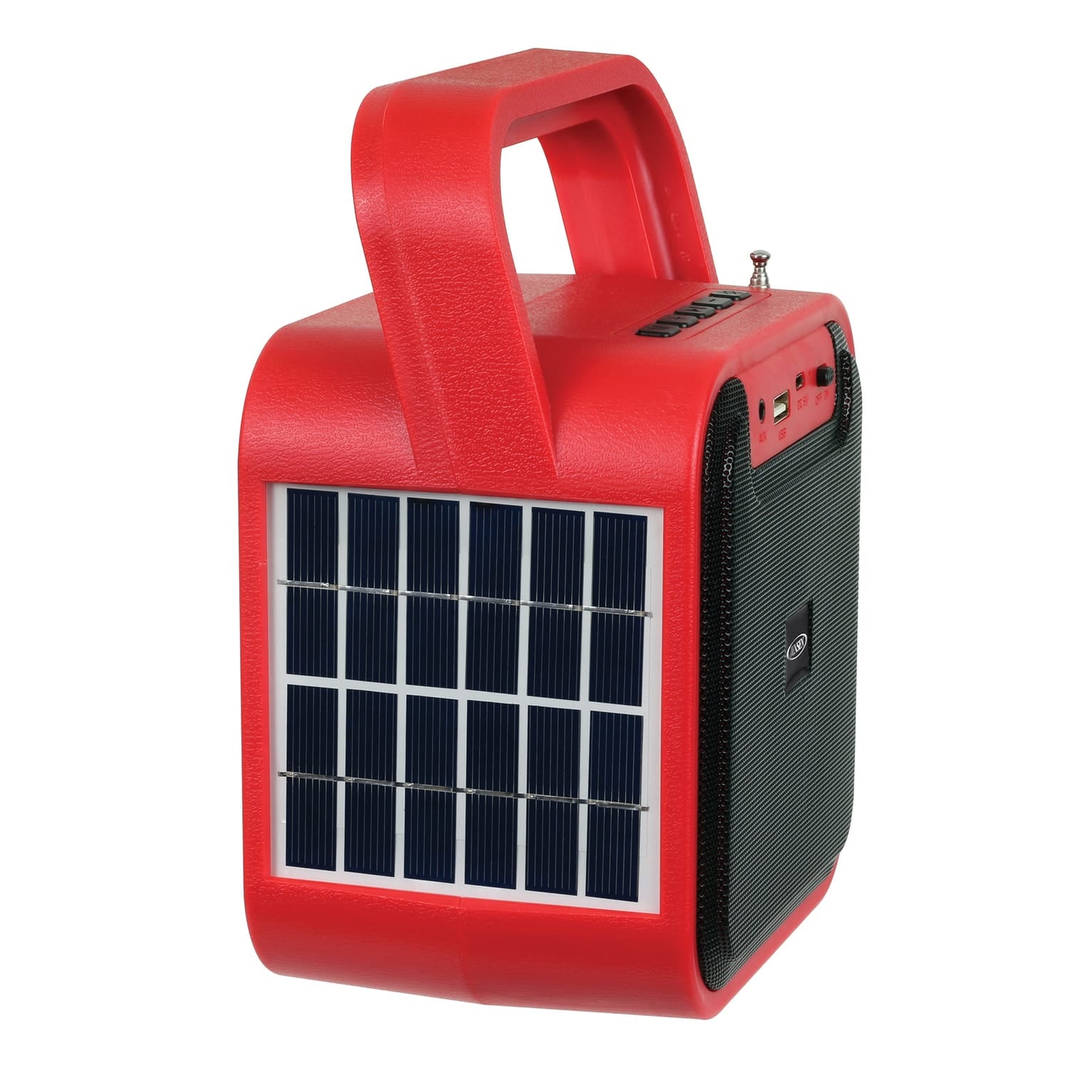 Jensen Portable Rechargeable Bluetooth Speaker with FM Radio, Flashlight, Solar Panel, and USB Port, Red, JEP-175