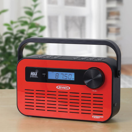 Jensen Portable Digital AM/FM Weather Radio with Weather Alert and 2-Way Charging, Red, JEP-250