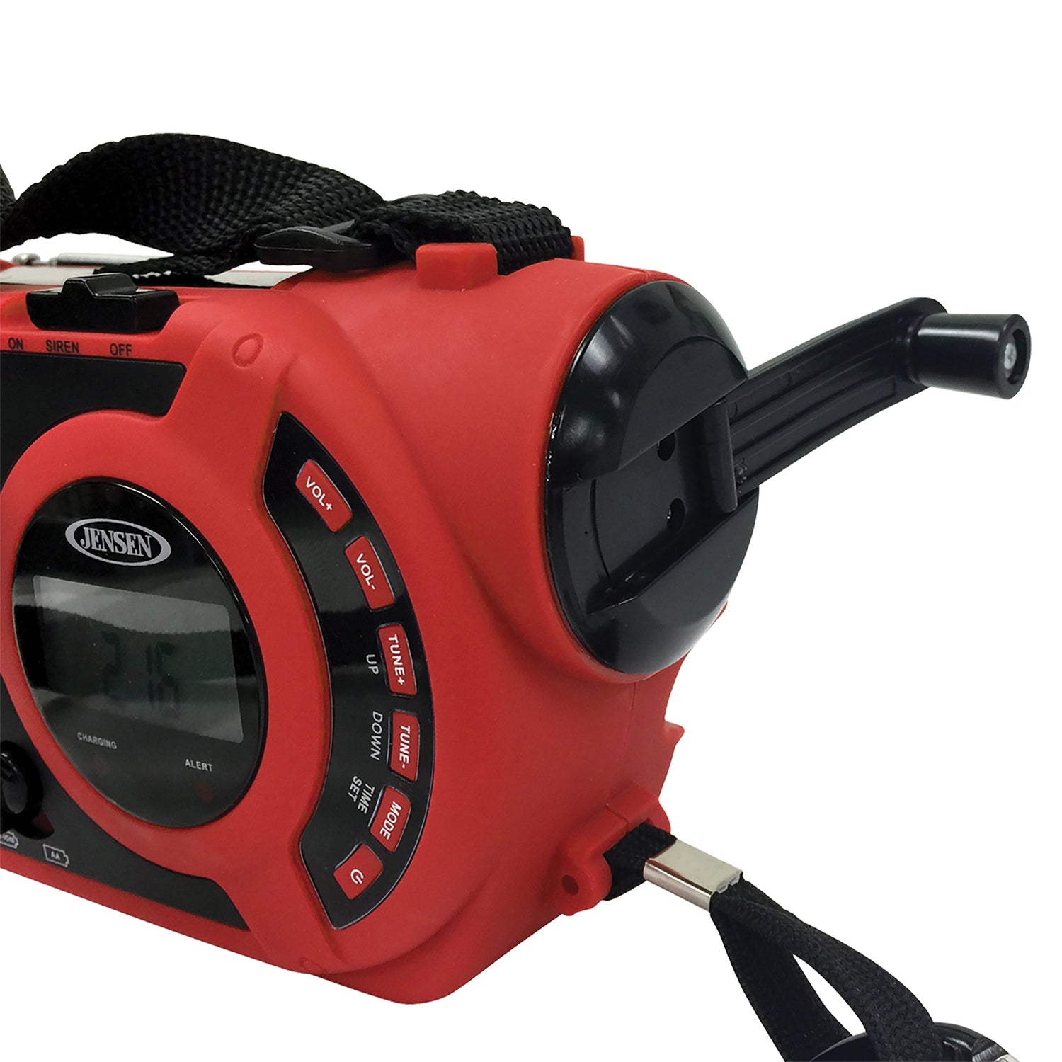 Jensen Portable Digital AM/FM Weather Radio with Weather Alert, Flashlight, and 4-Way Charging, Red, JEP-650