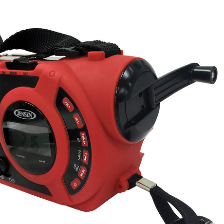Jensen Portable Digital AM/FM Weather Radio with Weather Alert, Flashlight, and 4-Way Charging, Red, JEP-650
