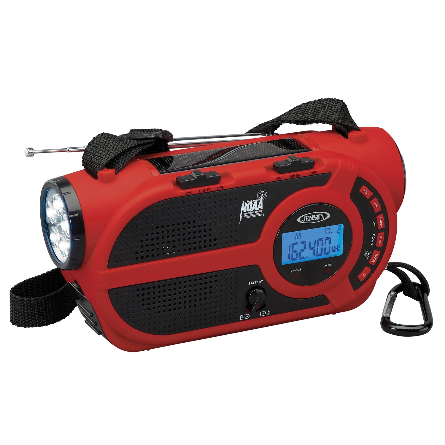 Jensen Portable Digital AM/FM Weather Radio with Weather Alert, Flashlight, and 4-Way Charging, Red, JEP-650
