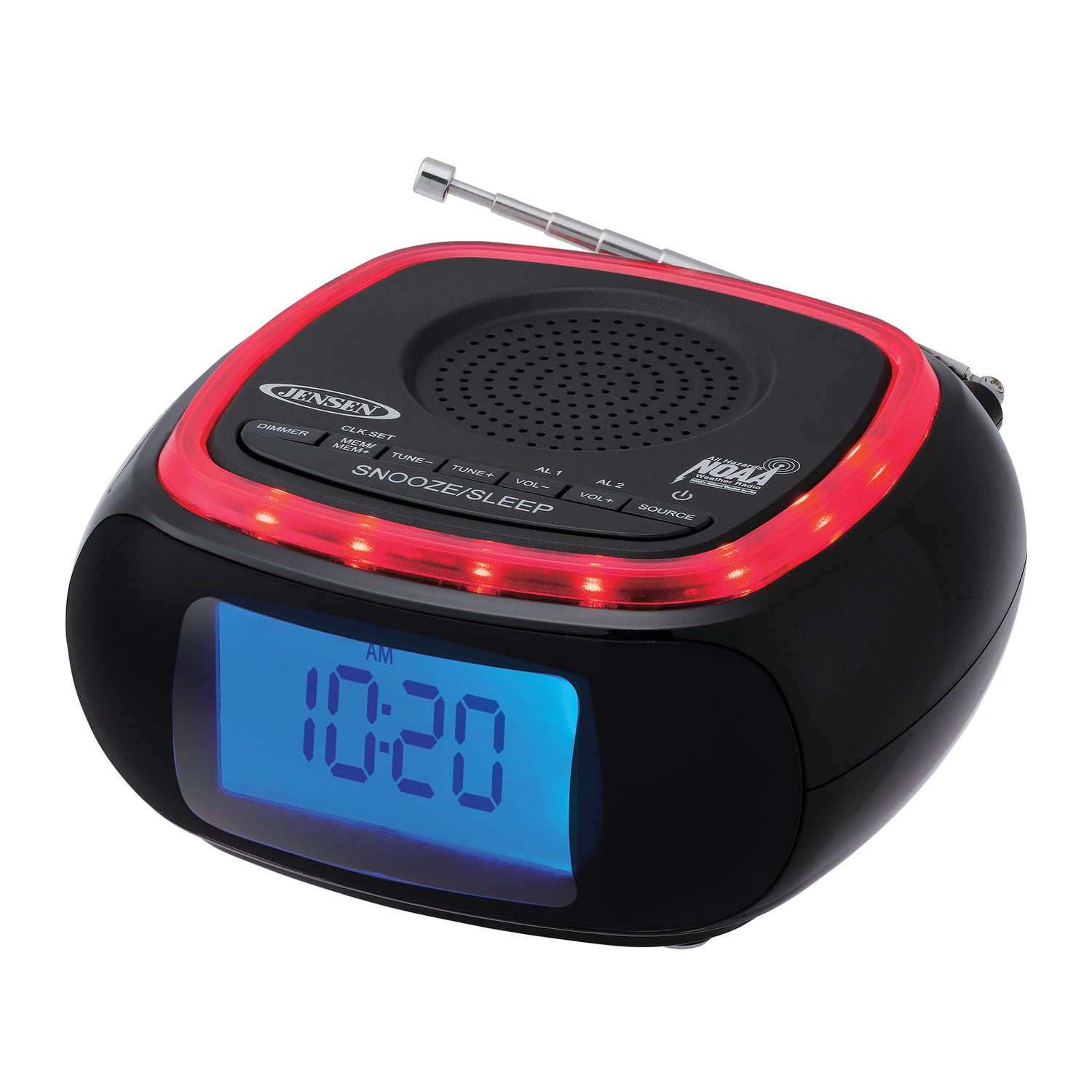 Jensen Digital AM/FM Weather Band Alarm Clock Radio with NOAA Weather Alert and Red LED Alert Indicator Ring