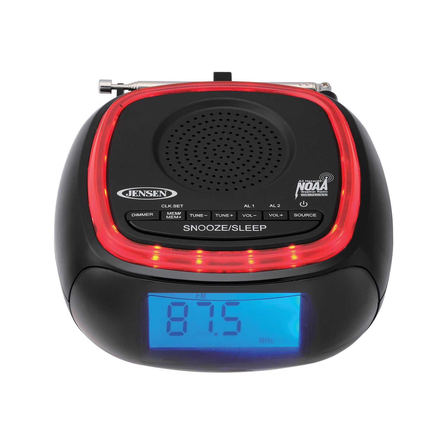 Jensen Digital AM/FM Weather Band Alarm Clock Radio with NOAA Weather Alert and Red LED Alert Indicator Ring