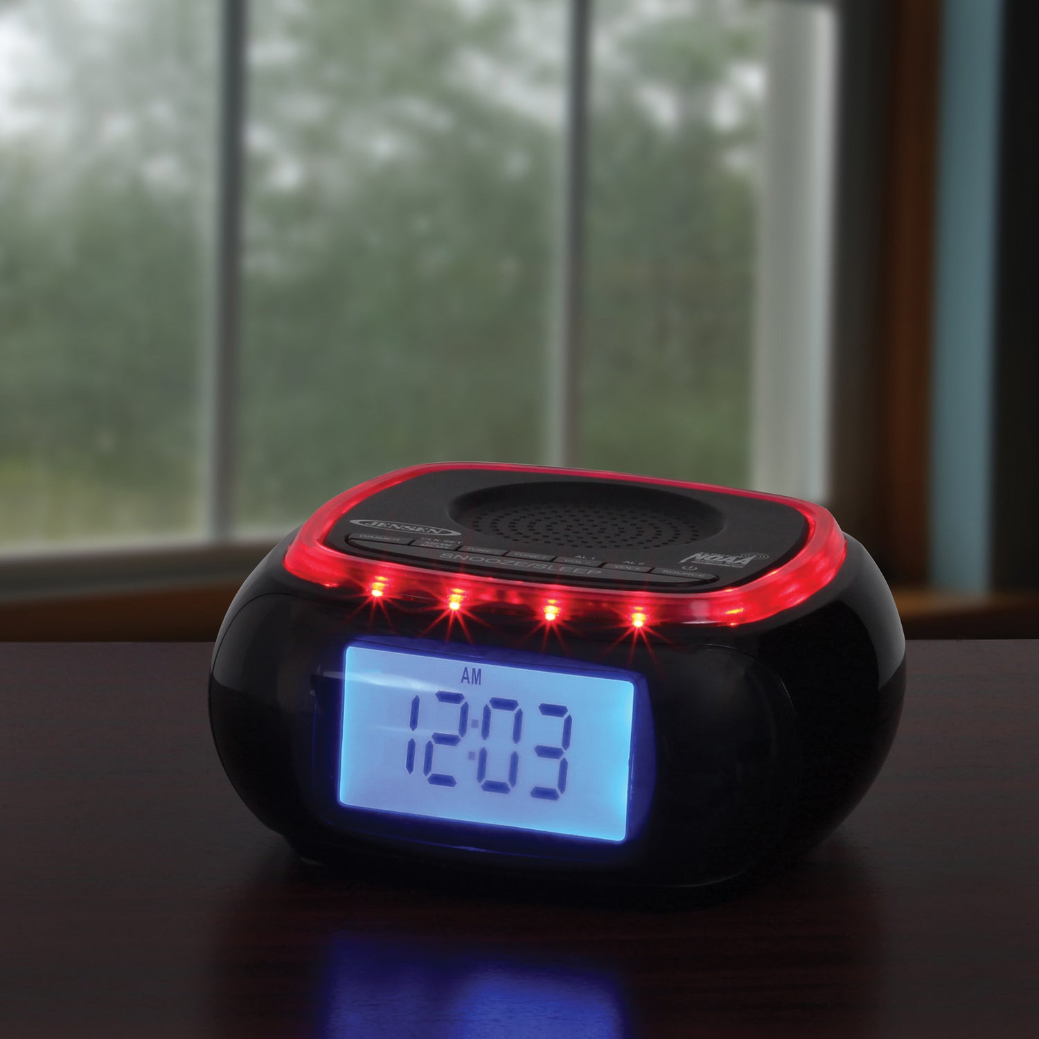 Jensen Digital AM/FM Weather Band Alarm Clock Radio with NOAA Weather Alert and Red LED Alert Indicator Ring