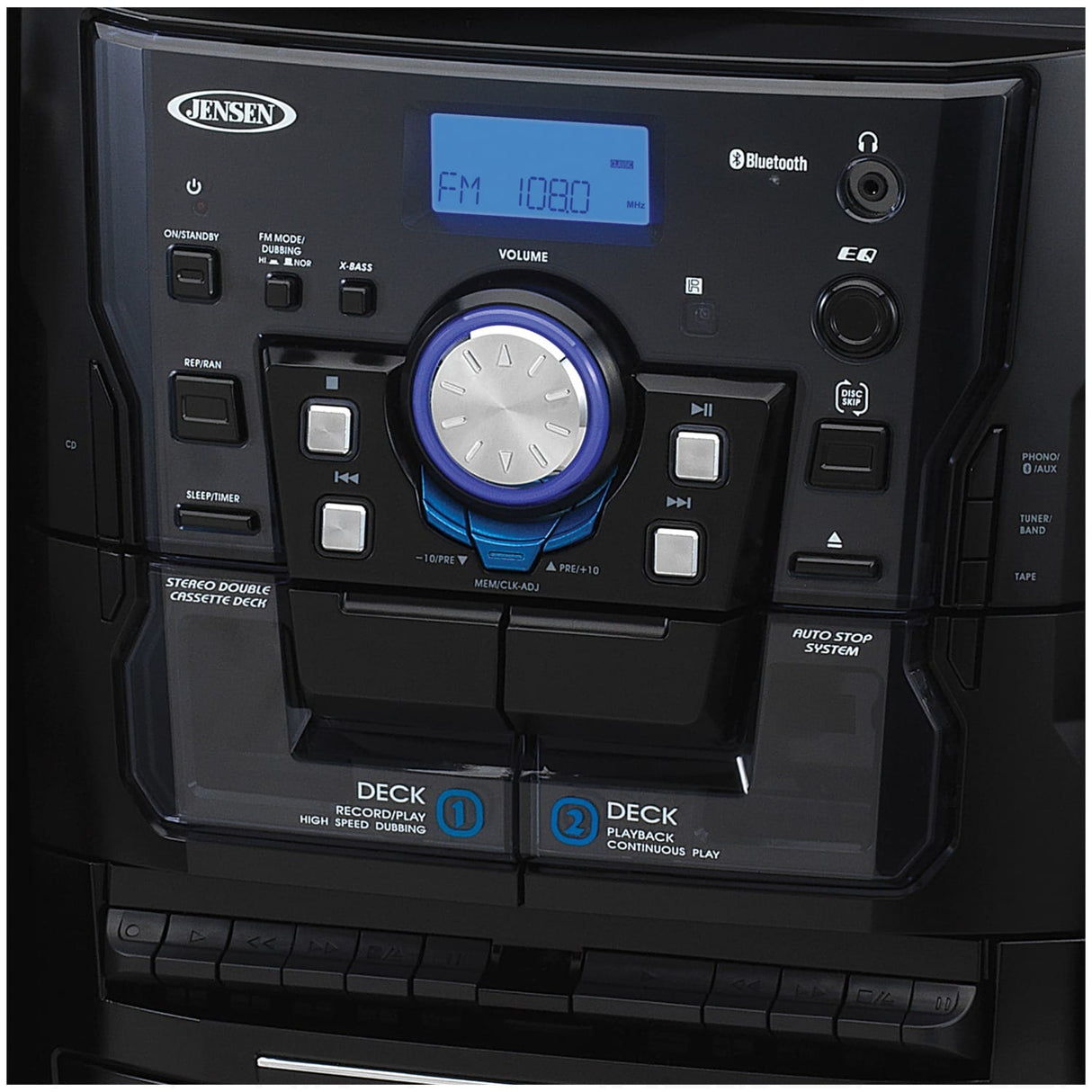 Jensen 10-Watt 3-Speed Belt-Drive Manual Turntable with External Speakers, Bluetooth, 3 CD Changer, Dual Cassette Deck, AM/FM, and 45-RPM Adapter