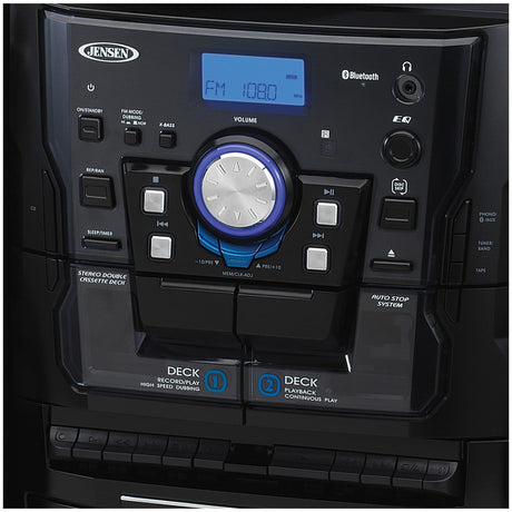 Jensen 10-Watt 3-Speed Belt-Drive Manual Turntable with External Speakers, Bluetooth, 3 CD Changer, Dual Cassette Deck, AM/FM, and 45-RPM Adapter
