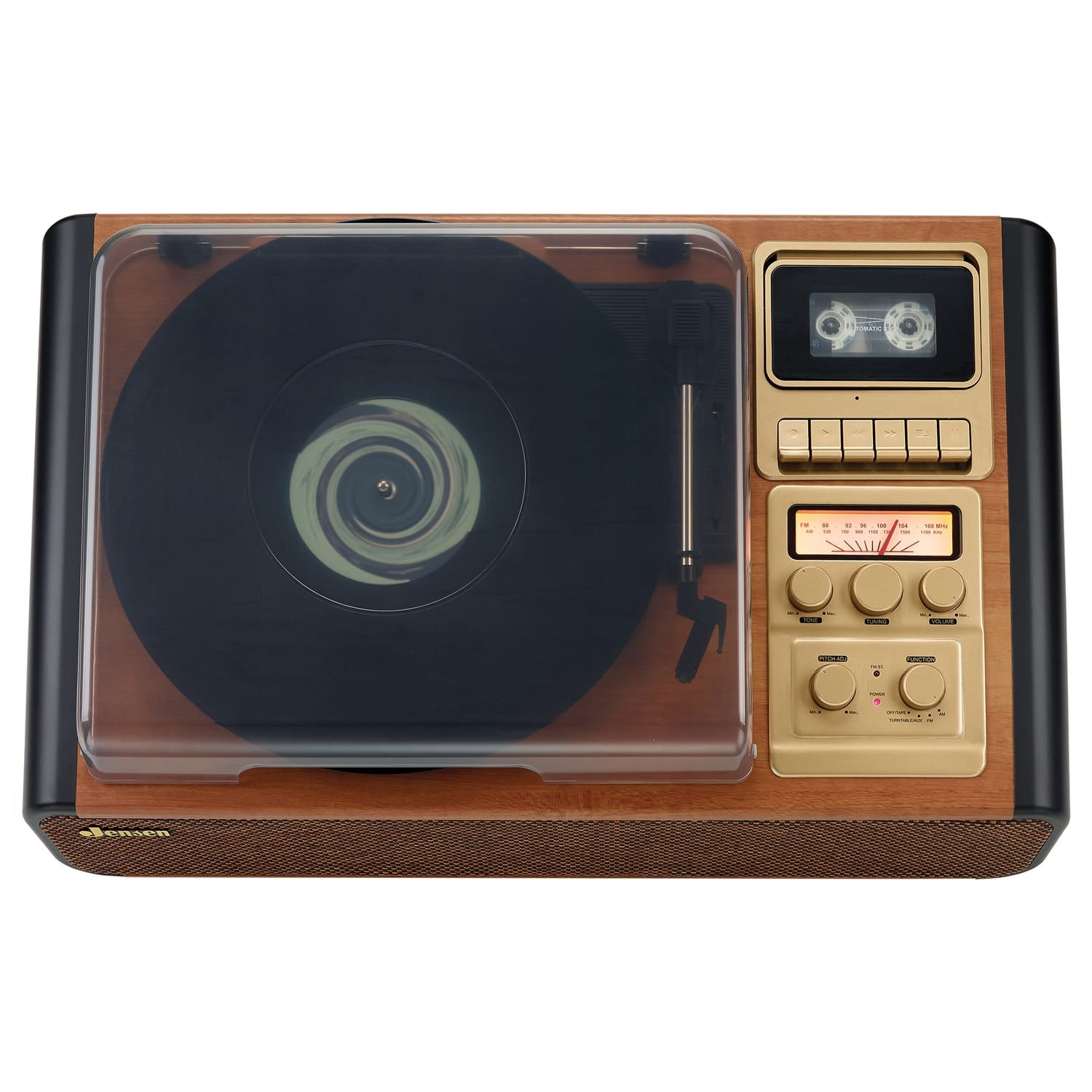 Jensen 4-Watt 3-Speed Belt-Drive Manual Turntable with Built-in Speakers, Bluetooth, Cassette Player/Recorder, AM/FM, and 45-RPM Adapter, JTA-385