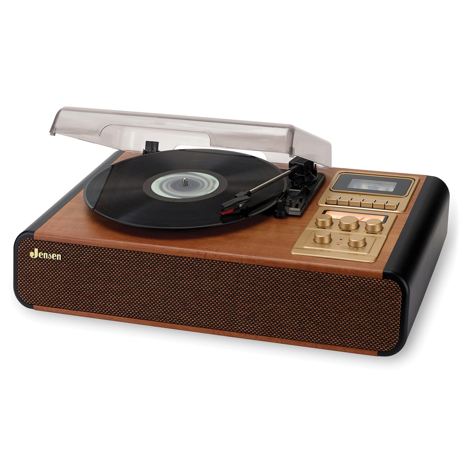 Jensen 4-Watt 3-Speed Belt-Drive Manual Turntable with Built-in Speakers, Bluetooth, Cassette Player/Recorder, AM/FM, and 45-RPM Adapter, JTA-385