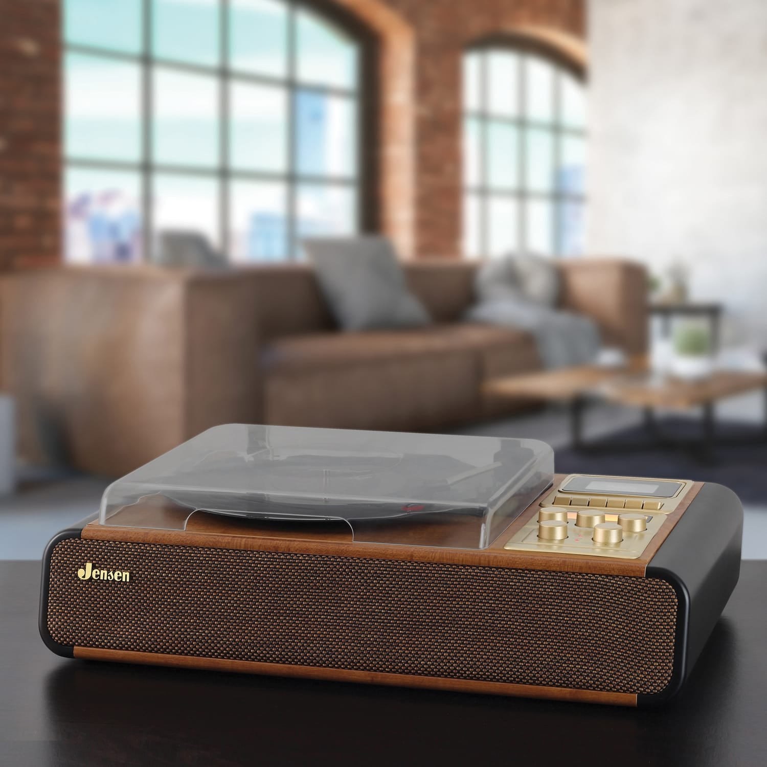 Jensen 4-Watt 3-Speed Belt-Drive Manual Turntable with Built-in Speakers, Bluetooth, Cassette Player/Recorder, AM/FM, and 45-RPM Adapter, JTA-385