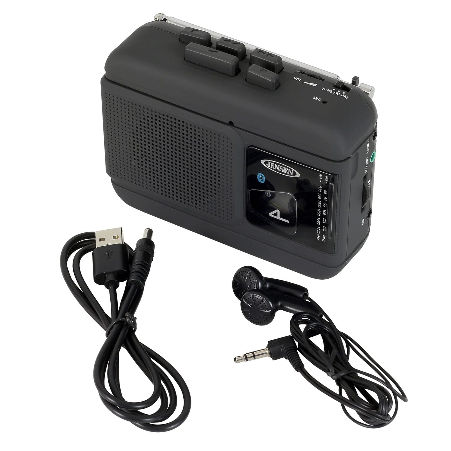 Jensen Portable Bluetooth Personal Cassette Player/Recorder with Built-in Speakers, AM/FM Radio, Line Output, and Earbuds, MCR-60