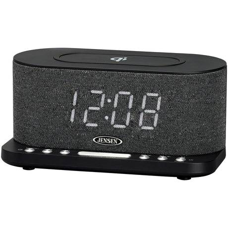 Jensen FM Digital Dual-Alarm Clock Radio with Large Display, Wireless Qi and USB Charging, Aux Input, and Battery Backup, QiCR-50