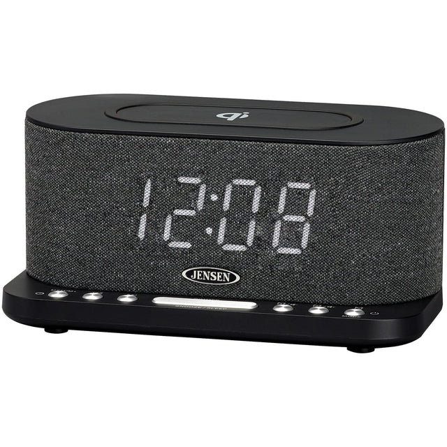 Jensen FM Digital Dual-Alarm Clock Radio with Large Display, Wireless Qi and USB Charging, Aux Input, and Battery Backup, QiCR-50