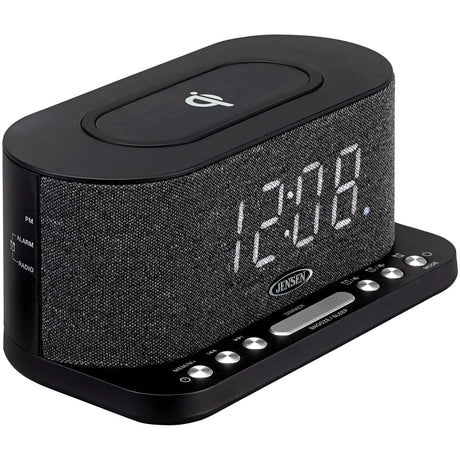 Jensen FM Digital Dual-Alarm Clock Radio with Large Display, Wireless Qi and USB Charging, Aux Input, and Battery Backup, QiCR-50