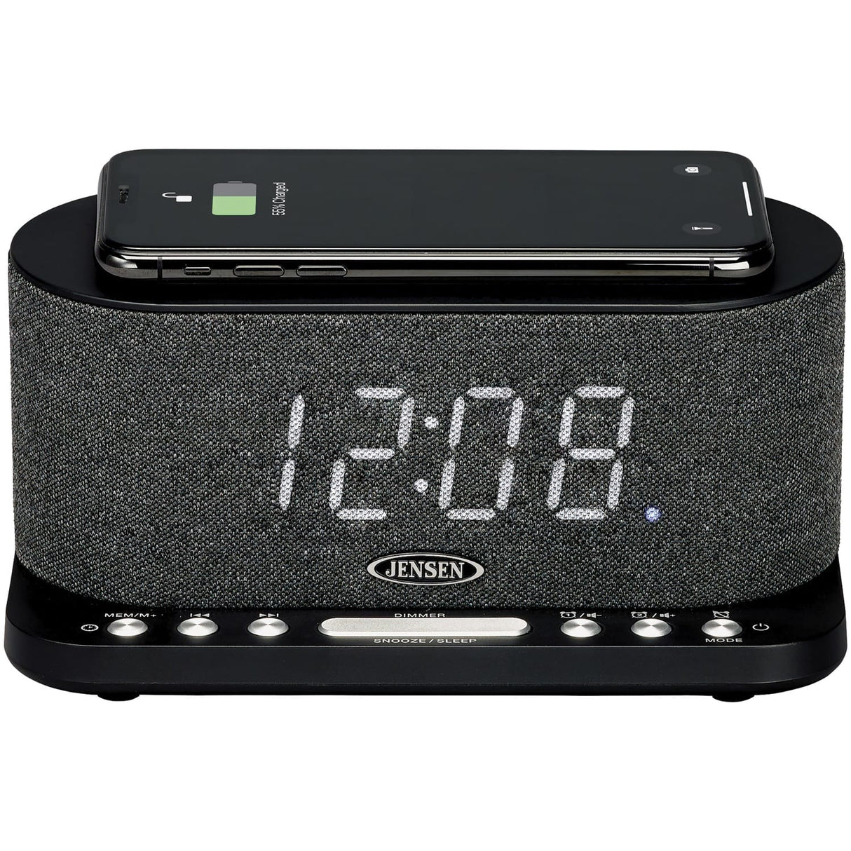 Jensen FM Digital Dual-Alarm Clock Radio with Large Display, Wireless Qi and USB Charging, Aux Input, and Battery Backup, QiCR-50