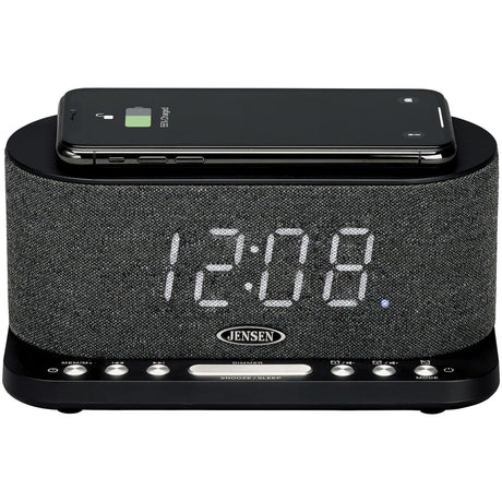 Jensen FM Digital Dual-Alarm Clock Radio with Large Display, Wireless Qi and USB Charging, Aux Input, and Battery Backup, QiCR-50