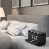 Jensen FM Digital Dual-Alarm Clock Radio with Large Display, Wireless Qi and USB Charging, Aux Input, and Battery Backup, QiCR-50