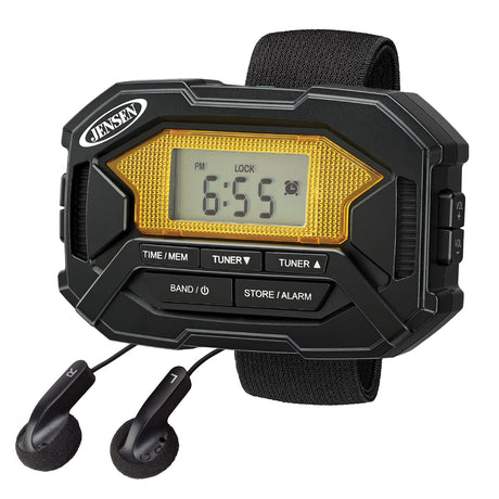 Jensen Armband Digital AM/FM Stereo Radio with Clock and Earbuds, Black, SAB-60