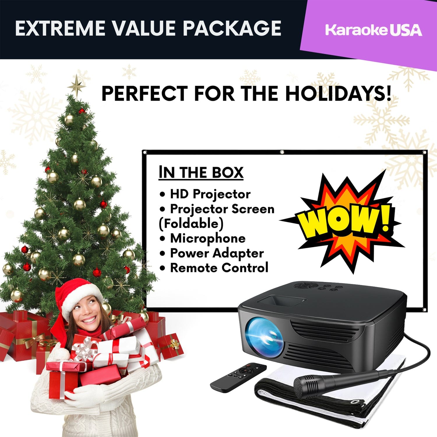 Karaoke USA All-in-1 720p Mini Bluetooth Projector Set with Screen, Karaoke Microphone, and Remote