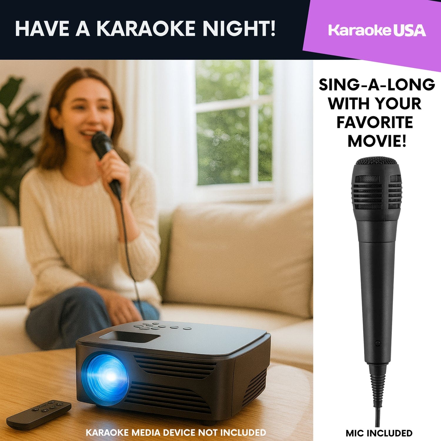 Karaoke USA All-in-1 720p Mini Bluetooth Projector Set with Screen, Karaoke Microphone, and Remote