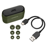 JVC RIPTIDZ TWS Bluetooth In-Ear Earbuds with Mic and Charging Case, up to 30 Hours Play Time, IPX5 Waterproof, HA-A9T, Olive