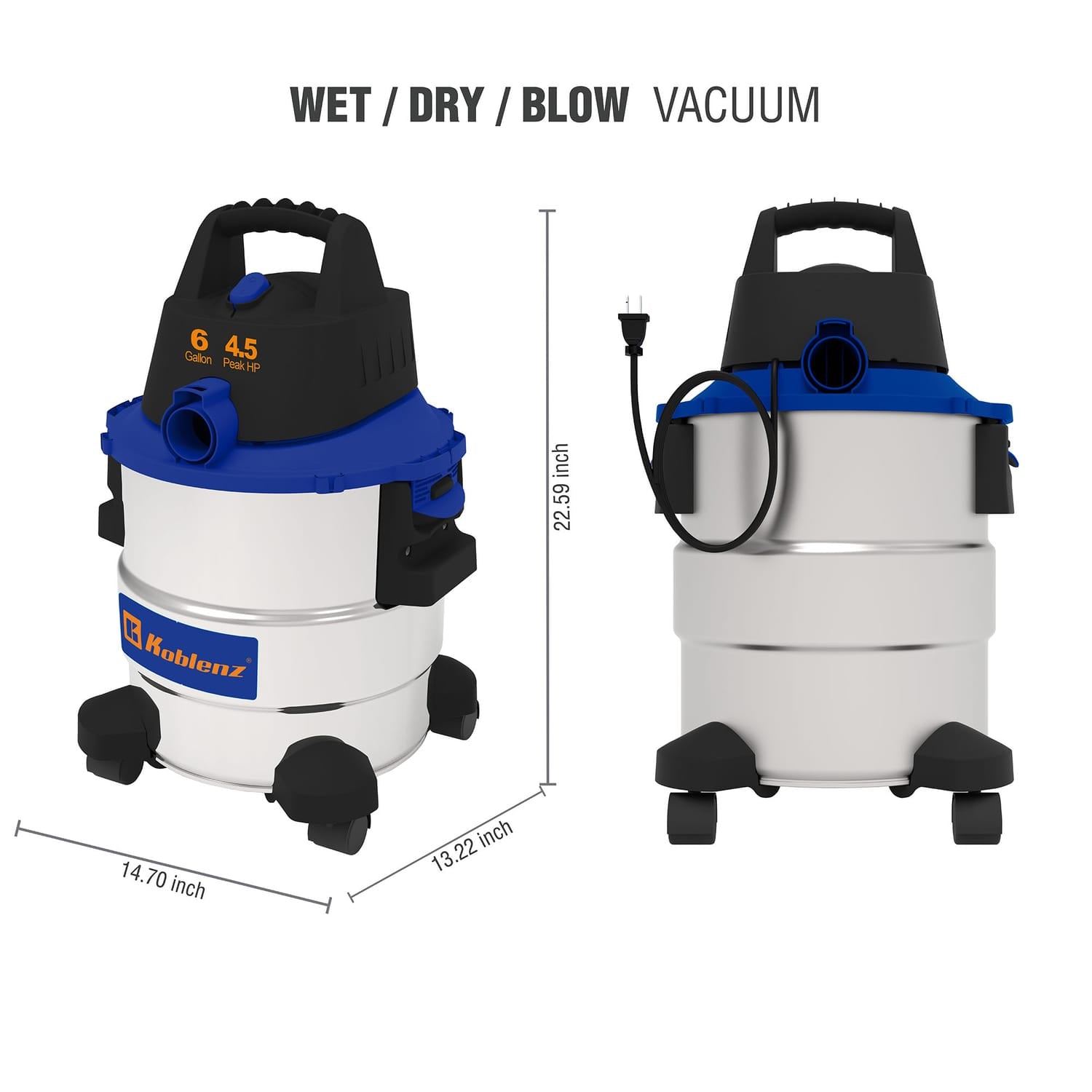 Koblenz 6-Gal. Portable Wet/Dry Vacuum with Blower, Stainless Steel and Blue, WD-6 L212 SS