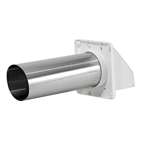 Lambro 4-In. Plastic Wall Exhaust Hood Dryer Vent with Damper, Removable Screen, and 11-In. Pipe, No Interior Trim Plate, White, 224W-B
