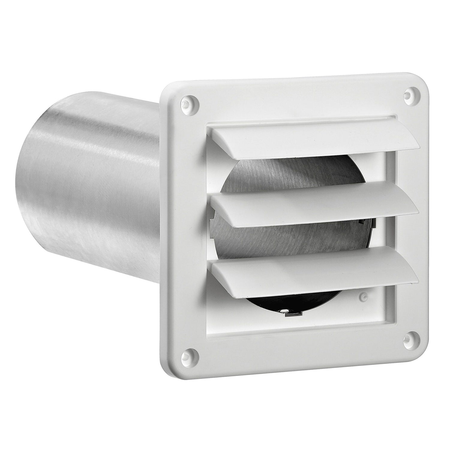 Lambro 4-In. Plastic Wall Exhaust Louvered Dryer Vent with 11-In. Pipe, No Interior Trim Plate, White