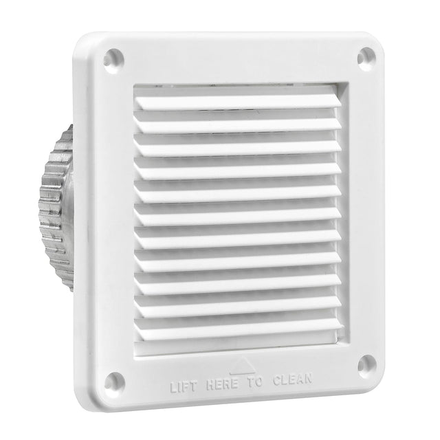 Lambro 4-In. White Plastic Fresh Air Intake Vent with Mini Louvers, Removable Screen, and 3-In. Aluminum Pipe, White, 674W-ML