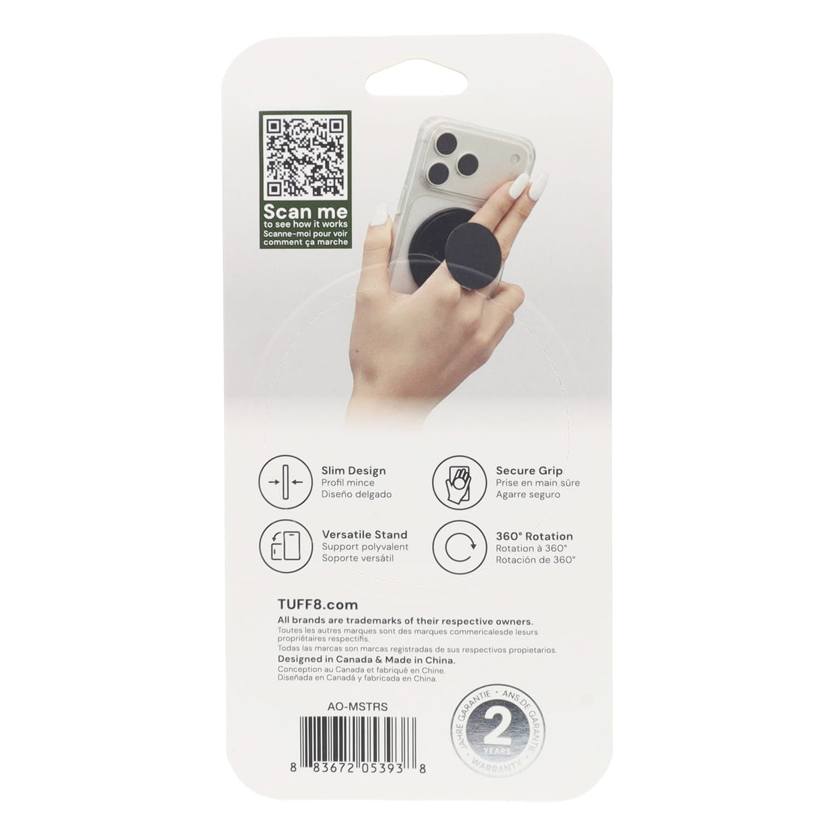 TUFF8 Ultra-Thin 360° Magnetic Sidekick Phone Grip and Ring Stand, MagSafe Compatible