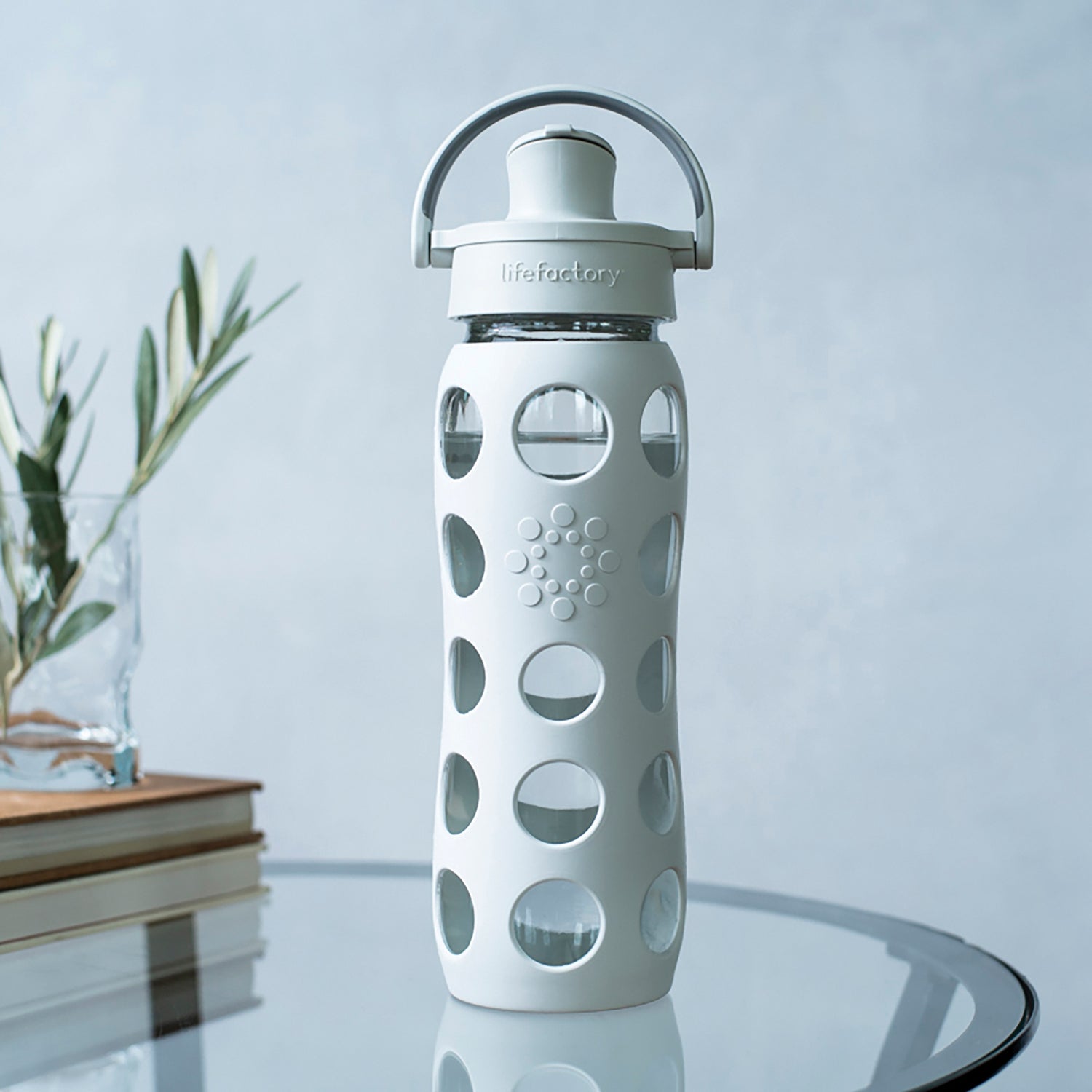 Lifefactory 22-Oz. Glass Water Bottle with Active Flip Cap and Protective Silicone Sleeve, Cool Gray