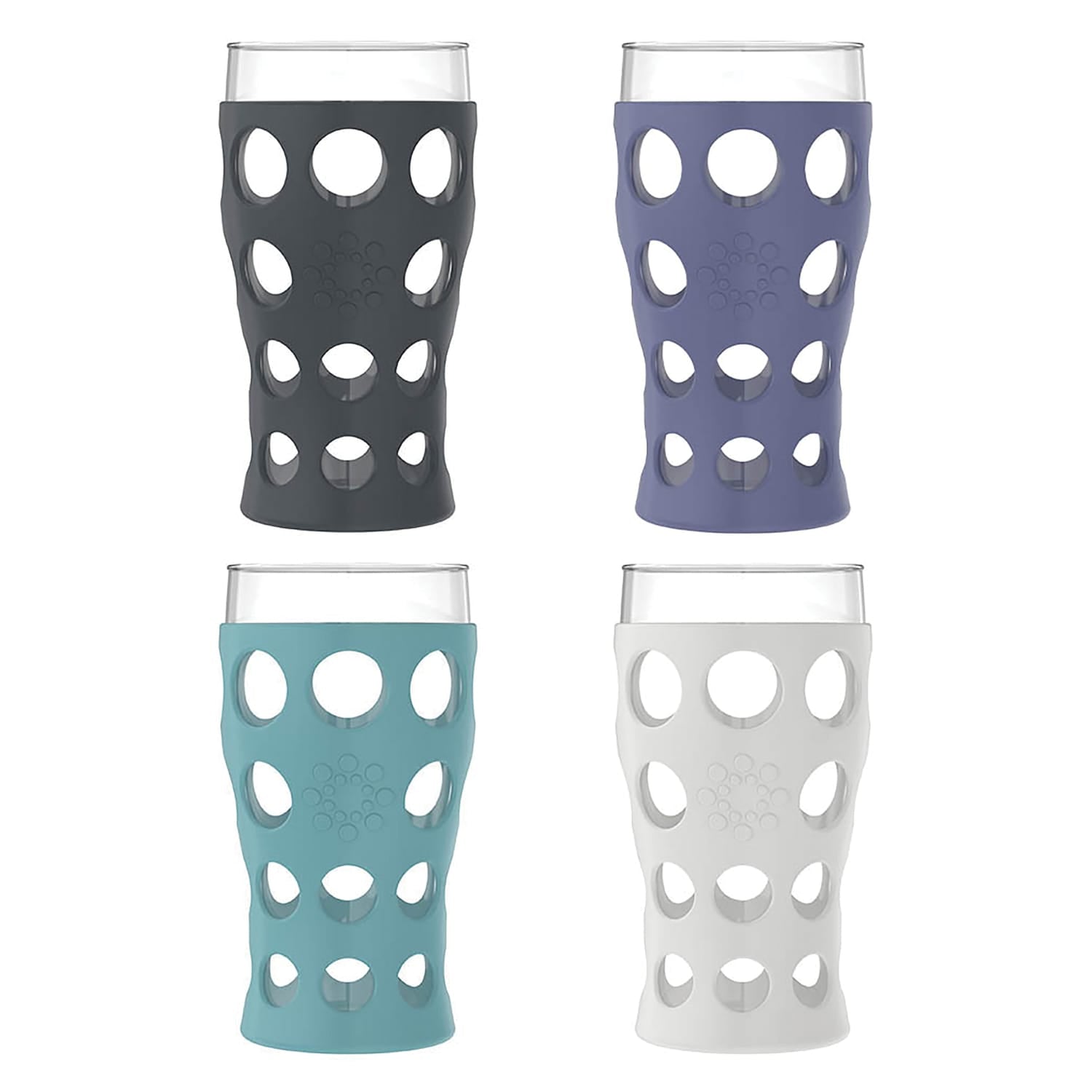 Lifefactory 20-Oz. Beverage Glasses with Protective Silicone Sleeves, 4 Count, Stone Gray/Aqua Teal/Dusty Purple/Carbon
